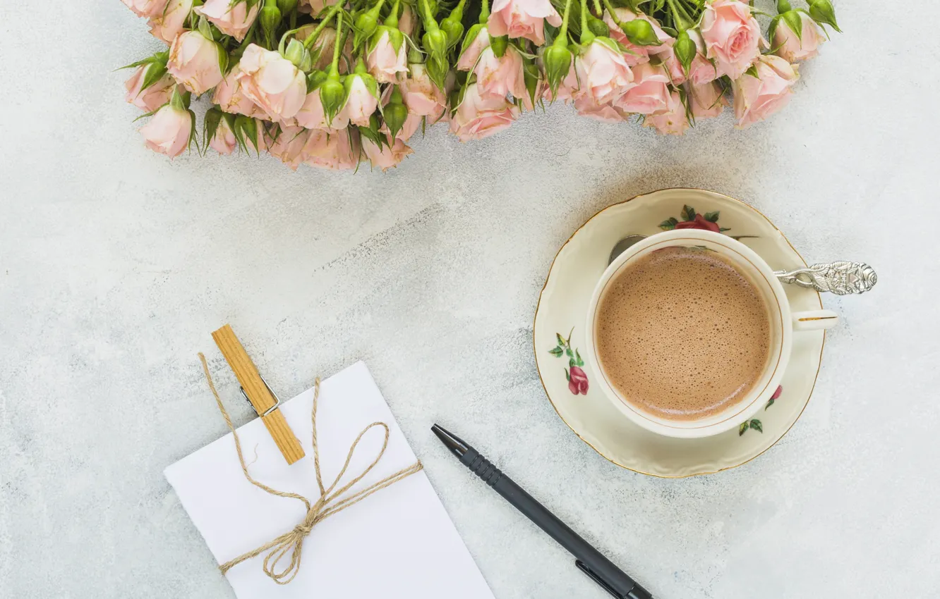 Photo wallpaper coffee, roses, bouquet, handle, beautiful, the envelope, roses
