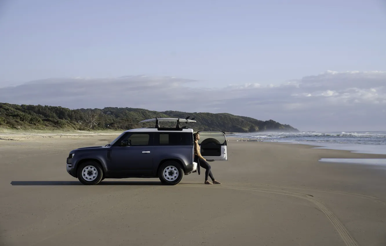 Photo wallpaper car, Land Rover, man, Defender, Land Rover Defender 90 Pacific Blue Edition