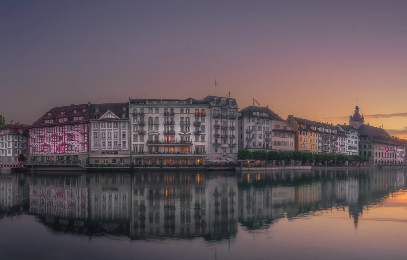 Photo wallpaper reflection, river, building, home, Switzerland, promenade, Switzerland, Lucerne