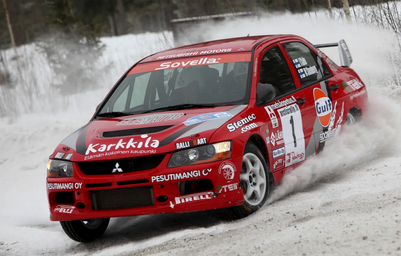 Photo wallpaper Red, Snow, Race, Mitsubishi, Lancer, Evolution, Rally