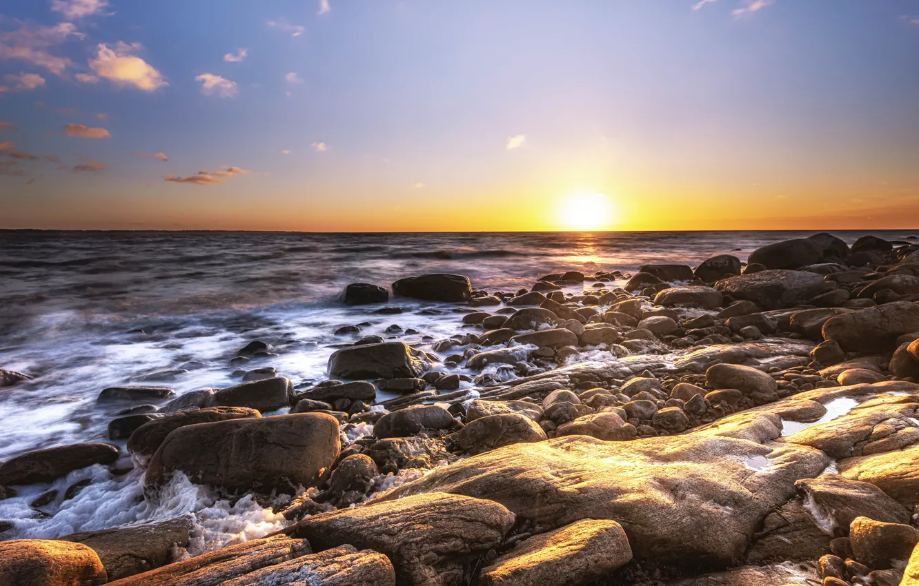 Photo wallpaper sea, beach, the sky, light, sunset, stones, dawn, shore