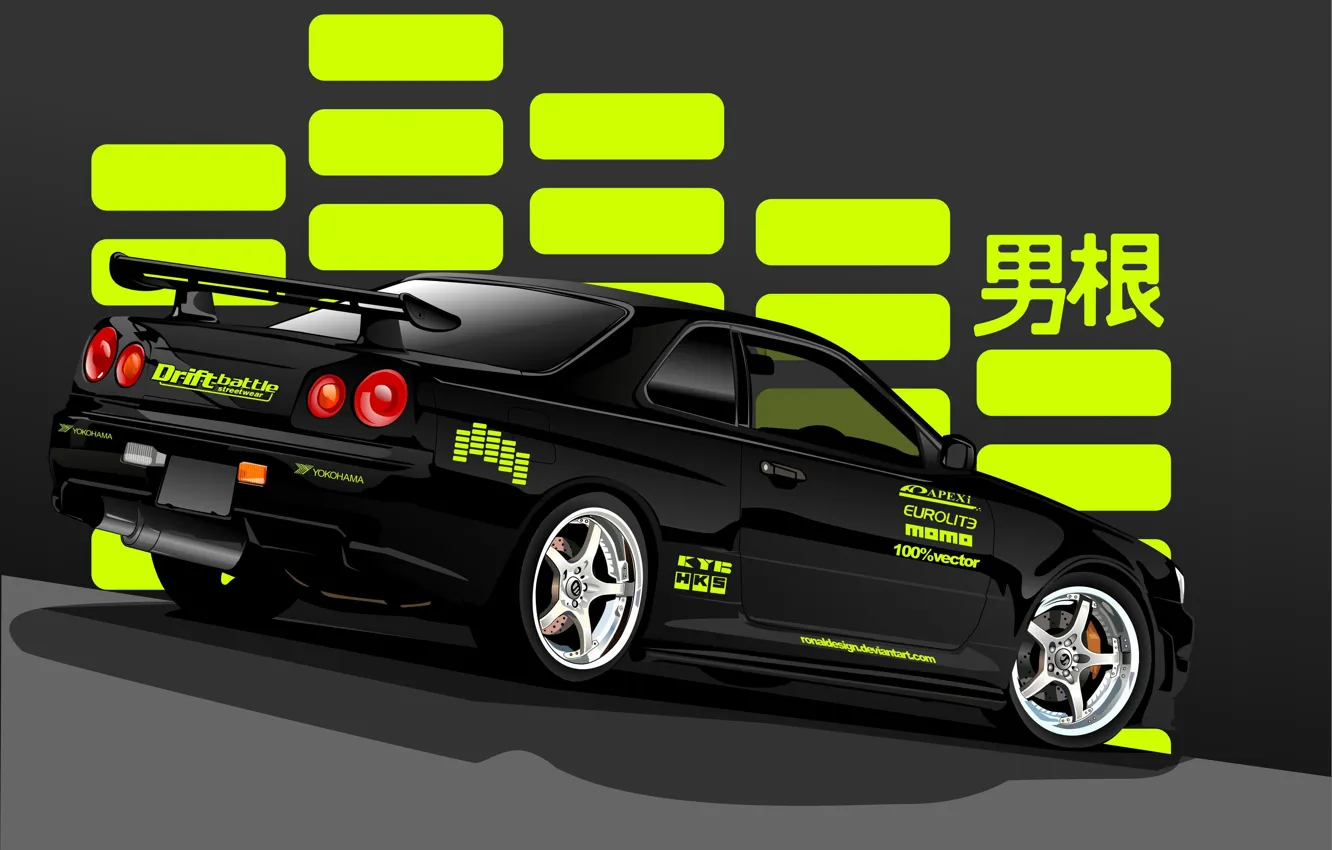 Photo wallpaper black, vector, Nissan, black, Nissan, Skyline, rear, R34