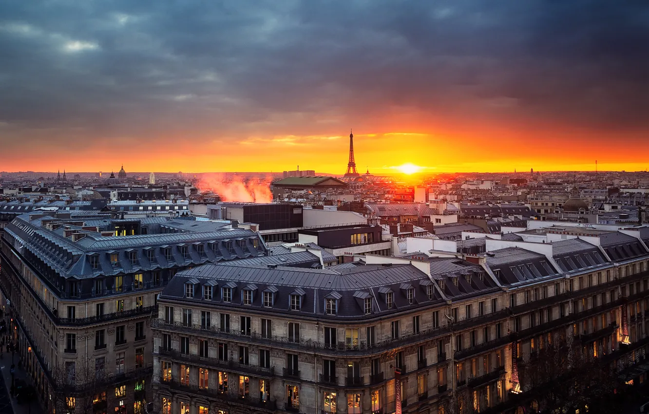 Photo wallpaper the sky, sunset, France, Paris, tower, home, the evening, panorama