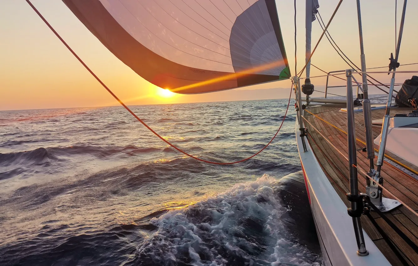 Photo wallpaper sea, wave, the sun, the way, coast, morning, yacht, sail