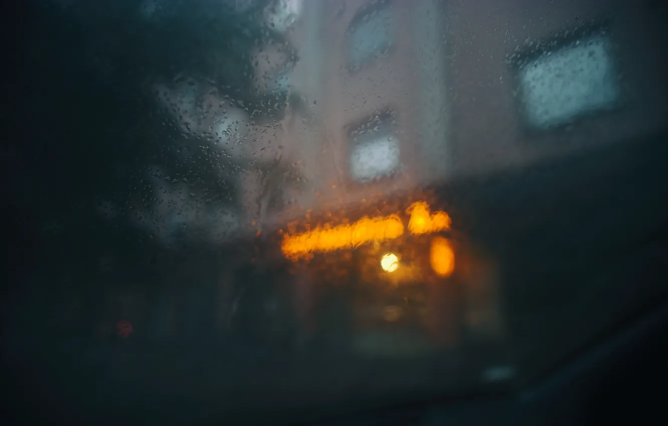 Photo wallpaper glass, drops, the city, rain, bokeh