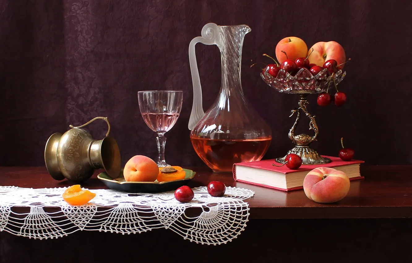 Photo wallpaper cherry, table, book, vase, fruit, still life, peaches, decanter