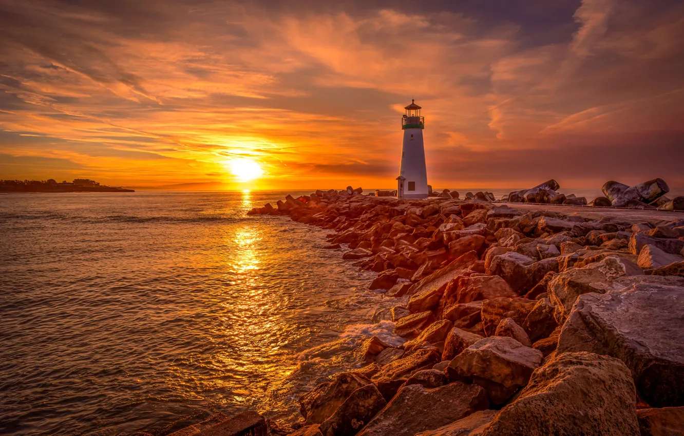 Photo wallpaper sea, sunrise, stones, dawn, lighthouse, morning, CA, California