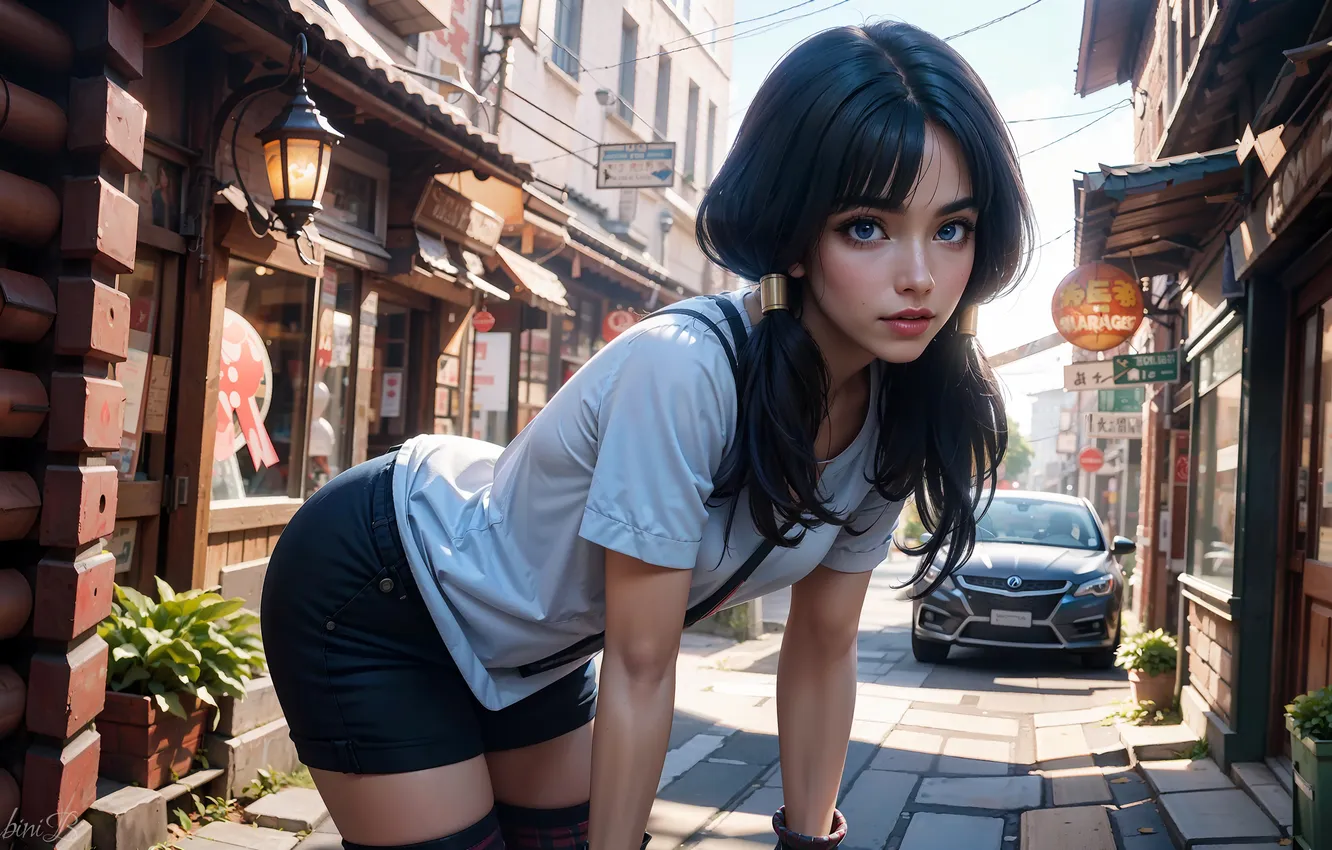 Photo wallpaper girl, anime, blue eyes, twintails, brunette, t-shirt, anime girls, Dragon Ball Z