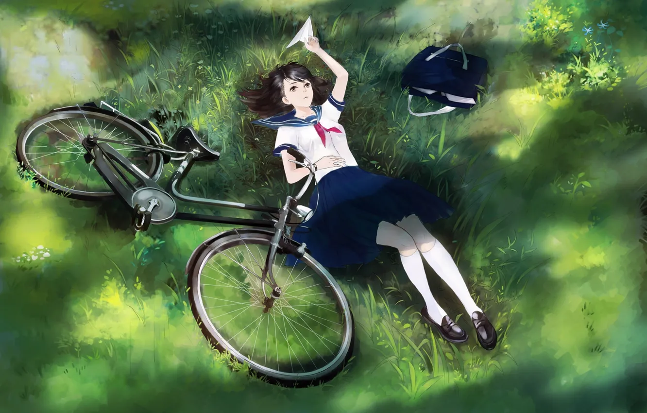 Photo wallpaper girl, bike, anime, art, form, schoolgirl, bag, airplane