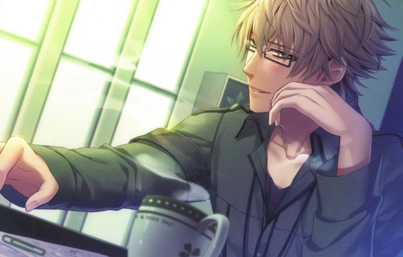 Photo wallpaper smile, Cup, laptop, guy, art, Kent, hanamura mai, IDEA FACTORY