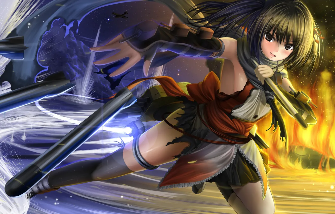 Photo wallpaper look, girl, joy, lights, weapons, gesture, art, kantai collection