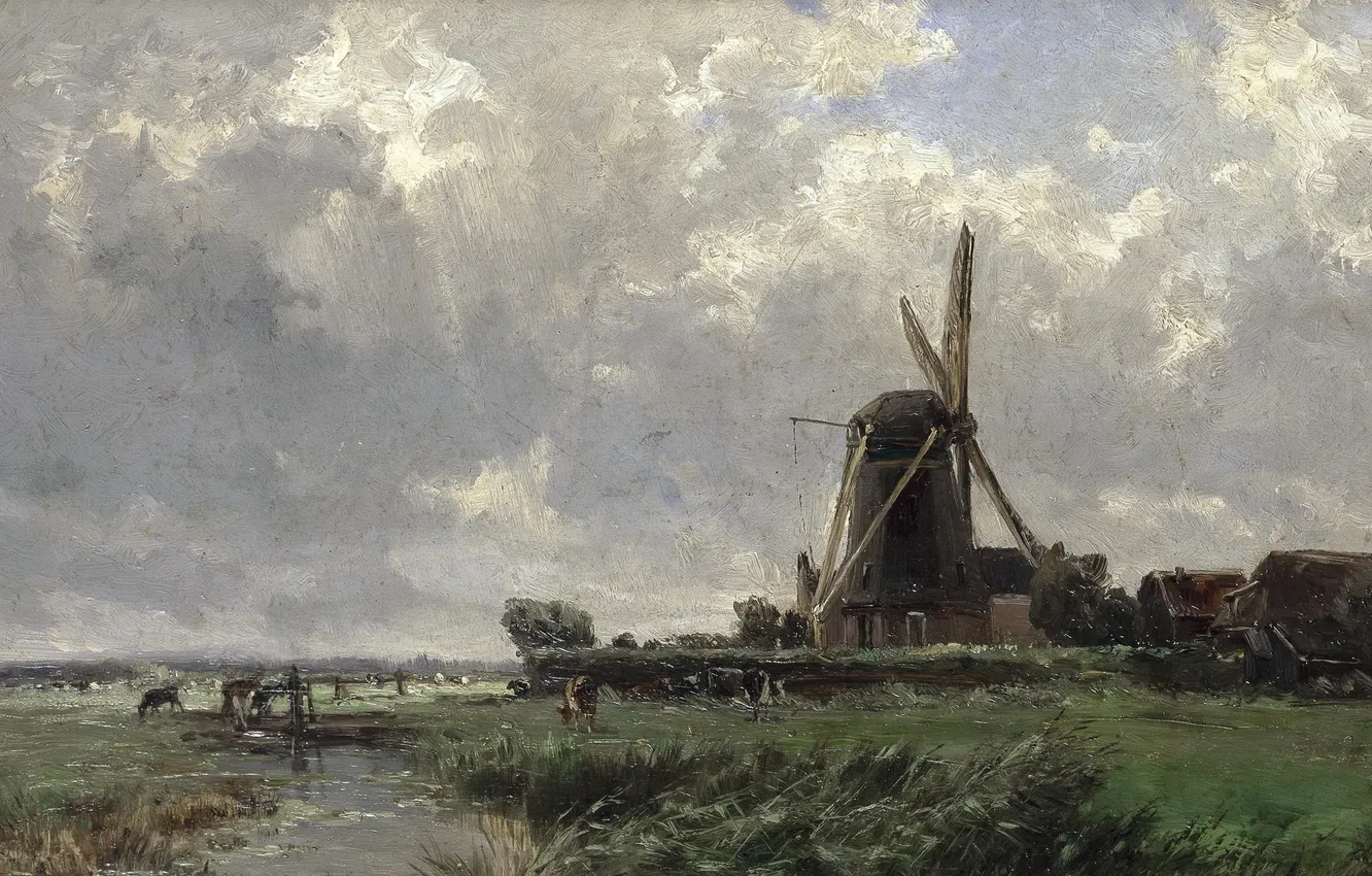 Photo wallpaper landscape, nature, river, stream, picture, Carlos de Haes, Dutch Windmill