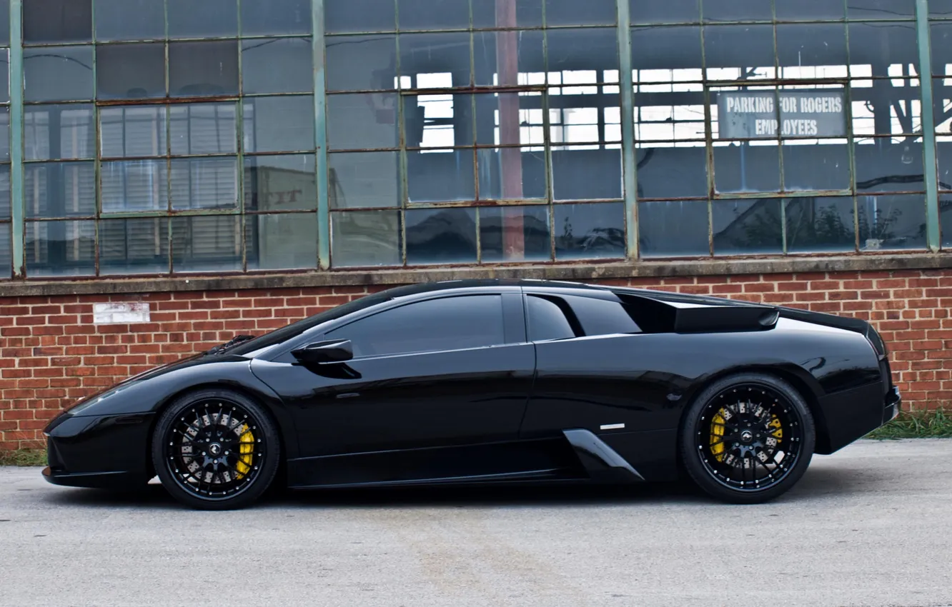 Photo wallpaper black, building, Lamborghini, window, profile, black, murcielago, lp640