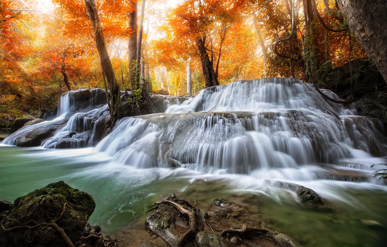 Photo wallpaper autumn, nature, river, waterfall
