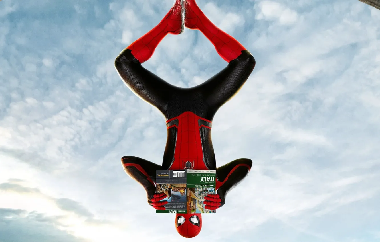 Photo wallpaper The sky, Clouds, Web, Italy, Costume, Spider-man, Hanging, Journal