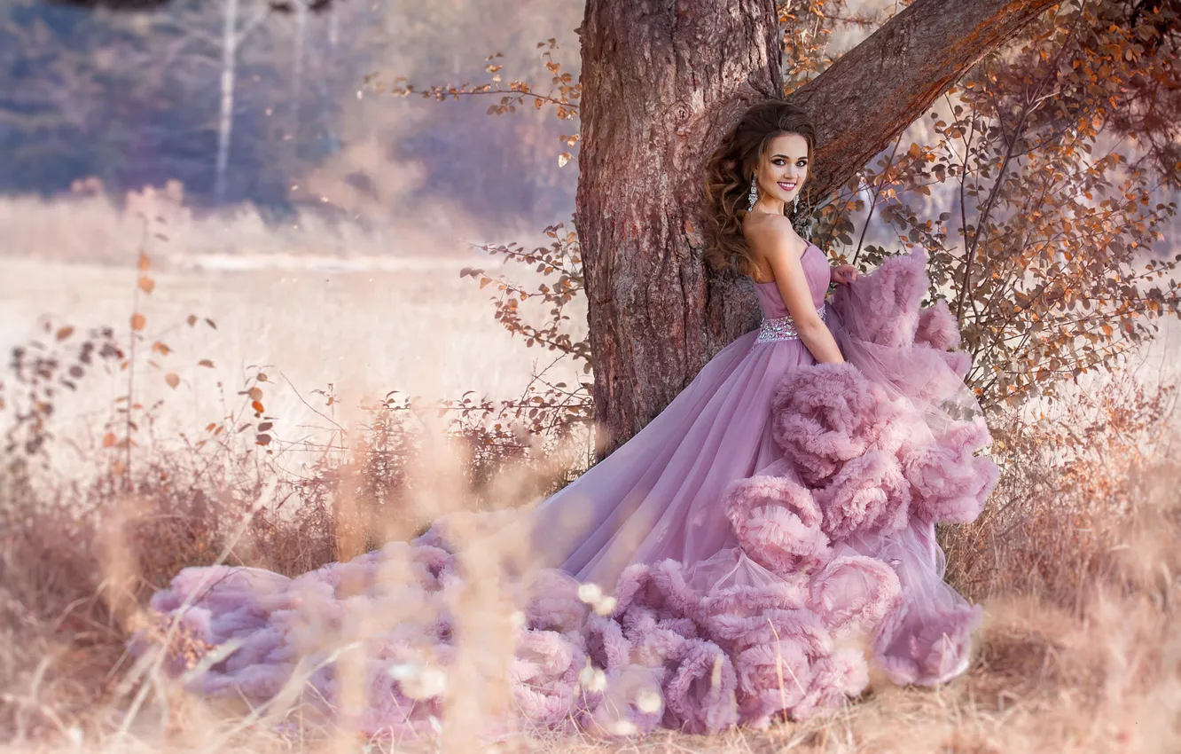 Photo wallpaper look, girl, trees, nature, pose, smile, style, brown hair