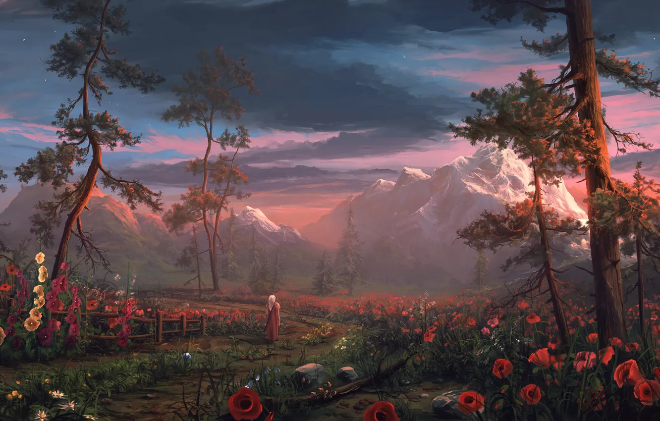 Photo wallpaper trees, flowers, mountains, nature, people, Maki, sword, warrior