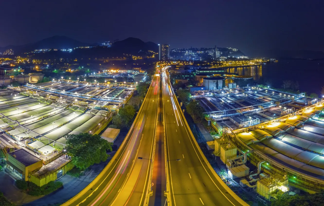 Photo wallpaper road, the city, lights, Hong Kong, China