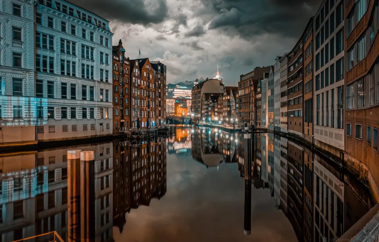 Photo wallpaper night, the city, lights, reflection, river