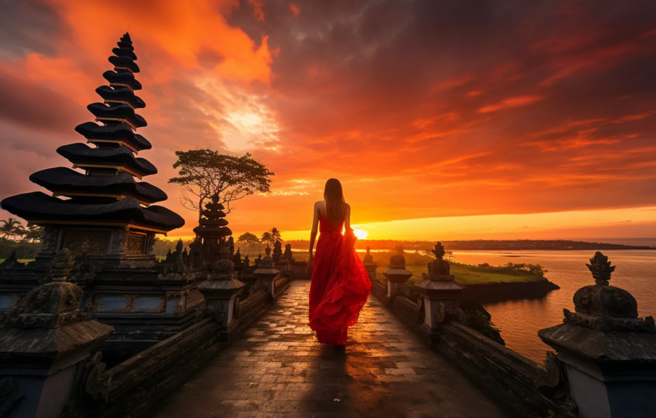Photo wallpaper girl, sunset, nature, AI art, neural network