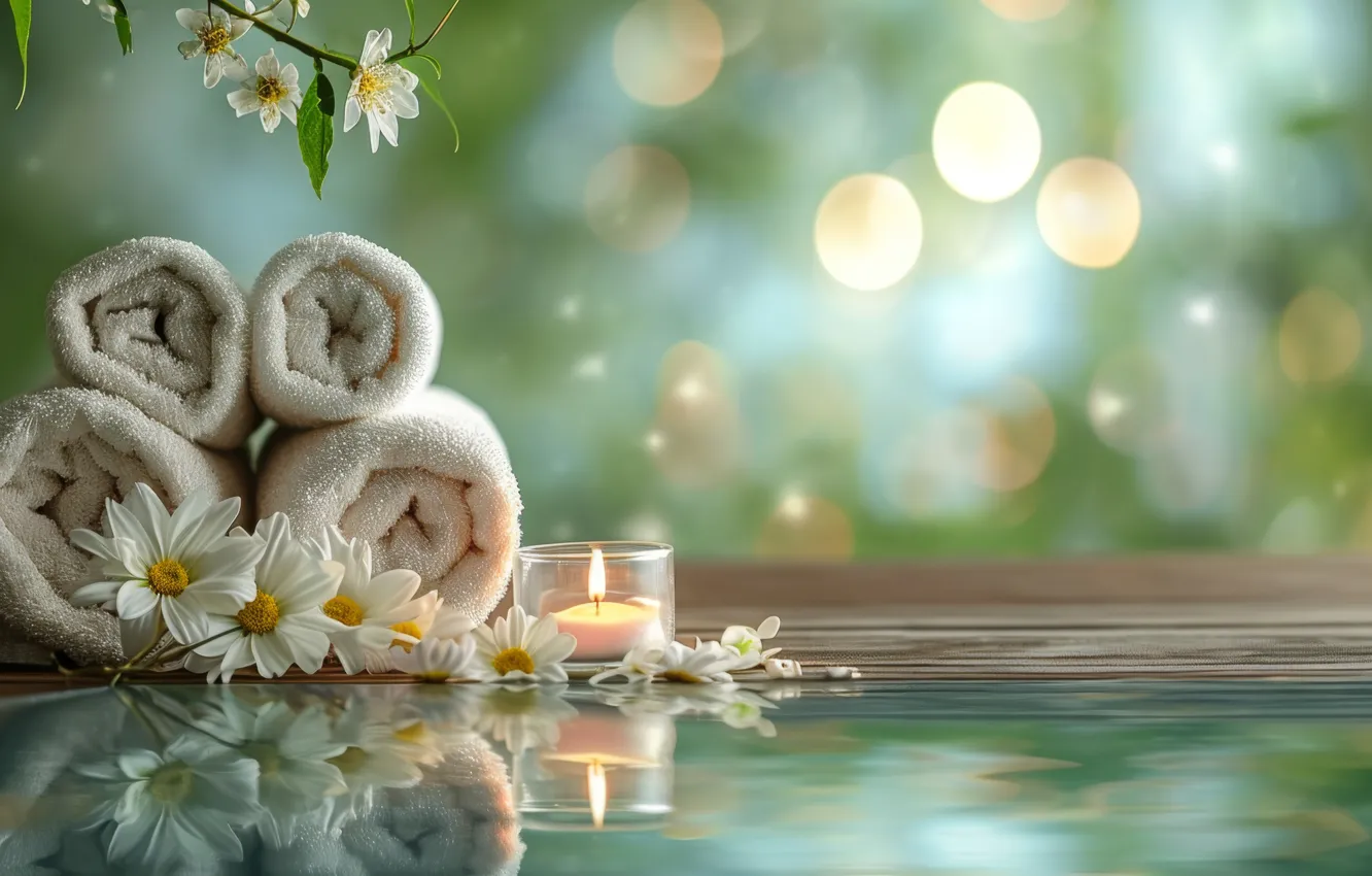 Photo wallpaper flowers, candles, AI art, towel, neural network