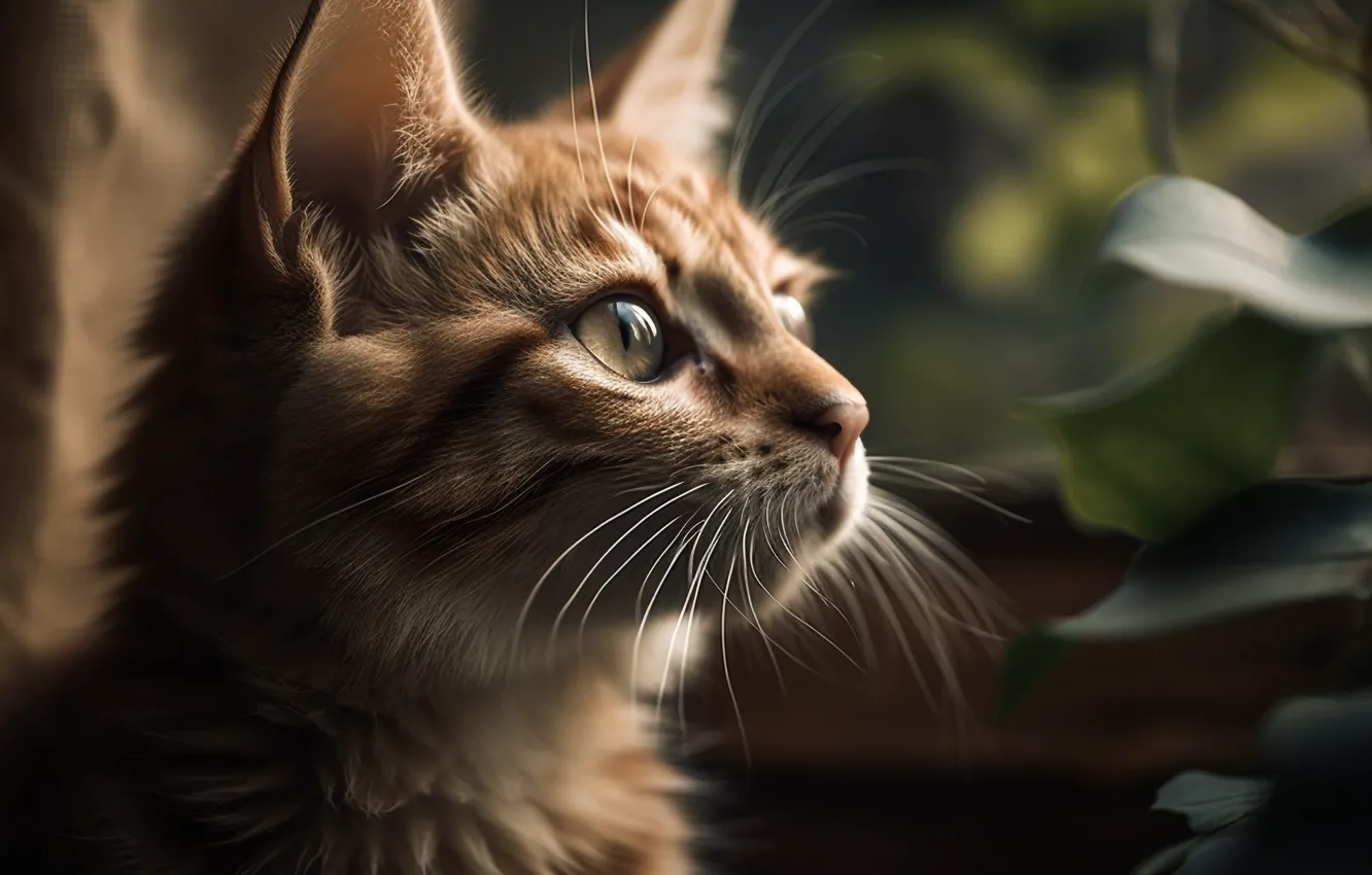 Photo wallpaper cat, cat, mustache, look, leaves, light, portrait, art