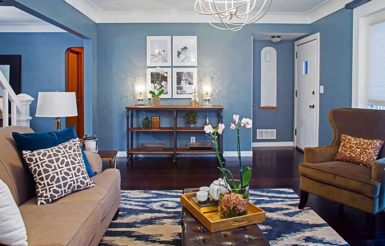 Photo wallpaper style, interior, living room, blue color in the interior, design