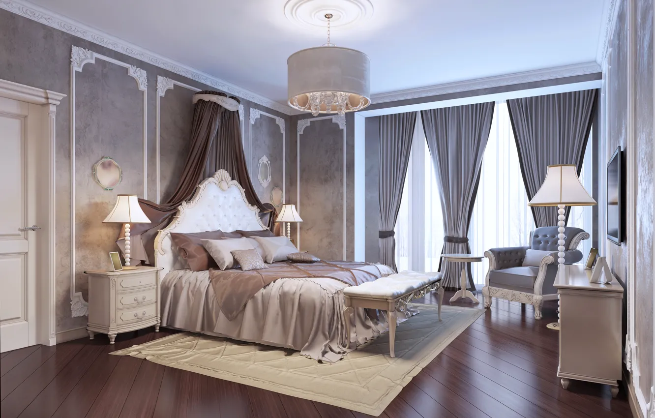 Photo wallpaper design, Villa, bed, interior, window, chandelier, curtains, luxury