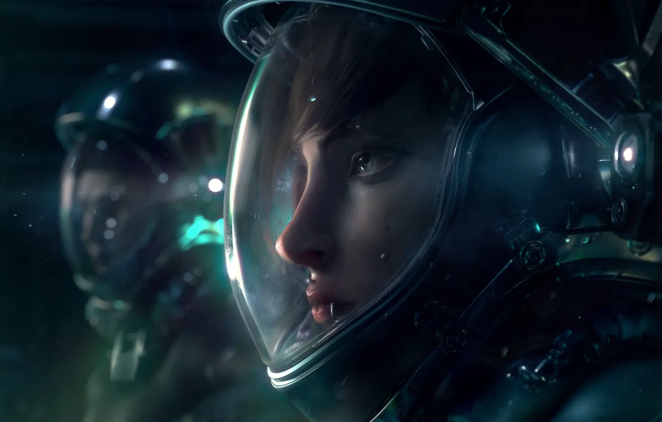 Photo wallpaper girl, face, astronaut, the suit, art, girl, fantasy, by Jonathan Romeo