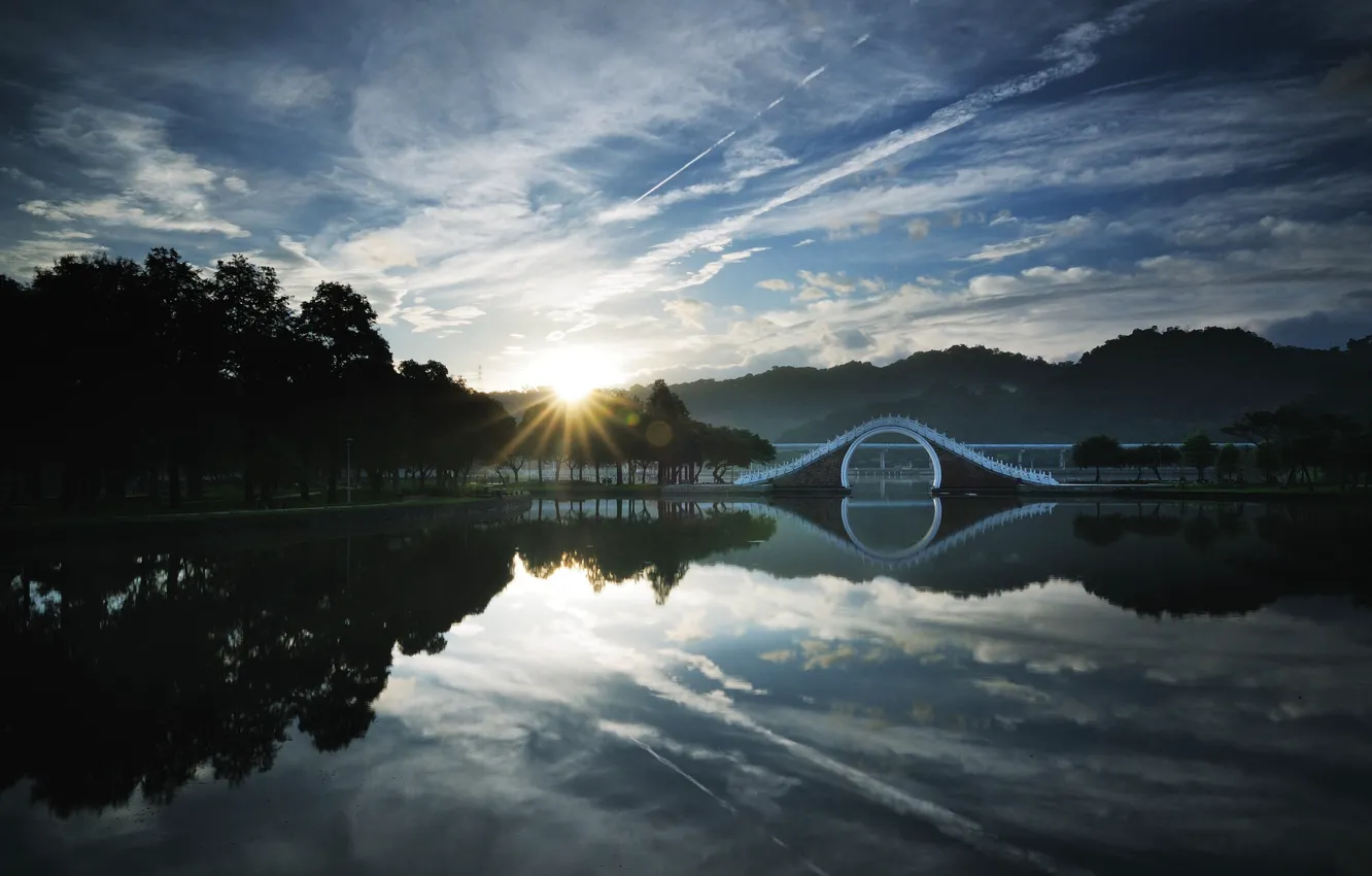 Photo wallpaper forest, the sky, clouds, trees, lake, China, the bridge, sunrise