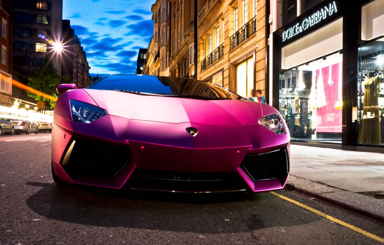 Photo wallpaper auto, street, Lamborghini, supercar, shop, Aventador, purple, LP760-4