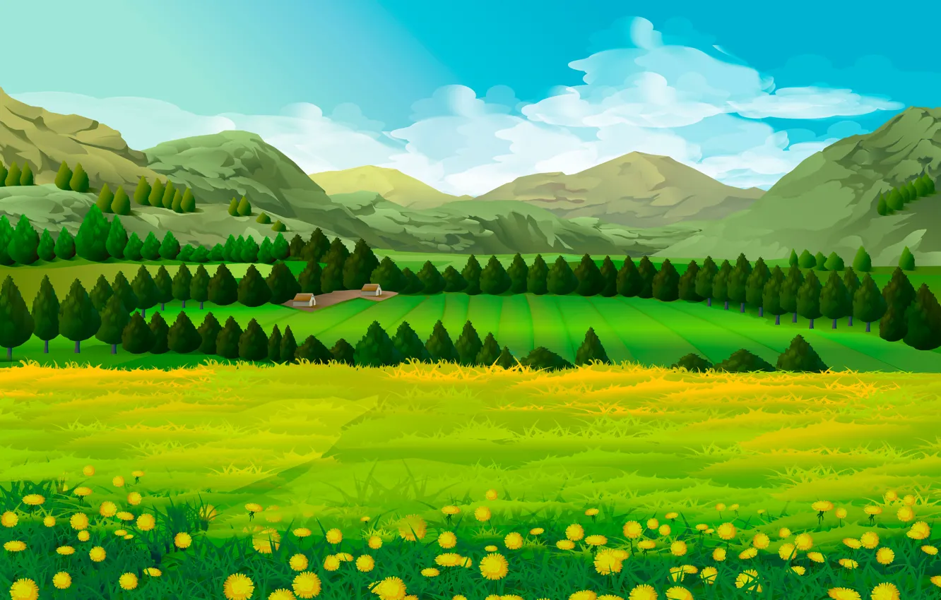Photo wallpaper field, trees, landscape, mountains, meadow, dandelions