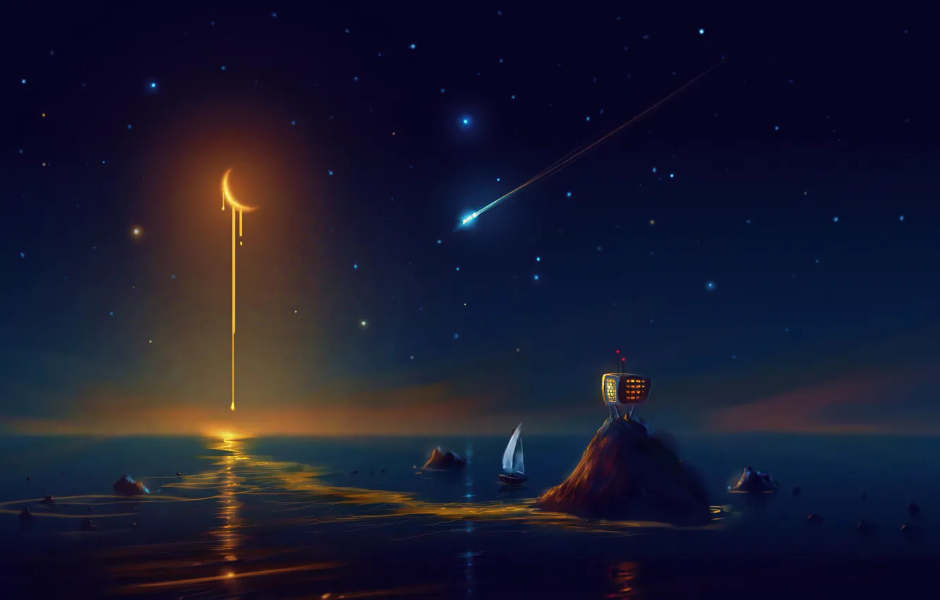 Photo wallpaper sea, stars, night, the moon, ship, island, a month, horizon