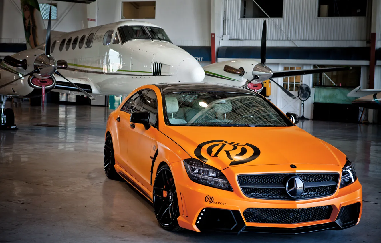 Photo wallpaper auto, machine, orange, the plane, tuning, hangar, mercedes-benz, Mercedes