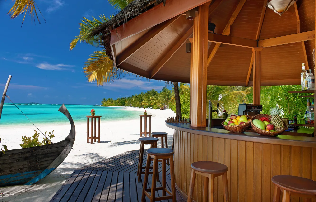 Photo wallpaper sand, sea, beach, tropics, palm trees, the ocean, island, chairs