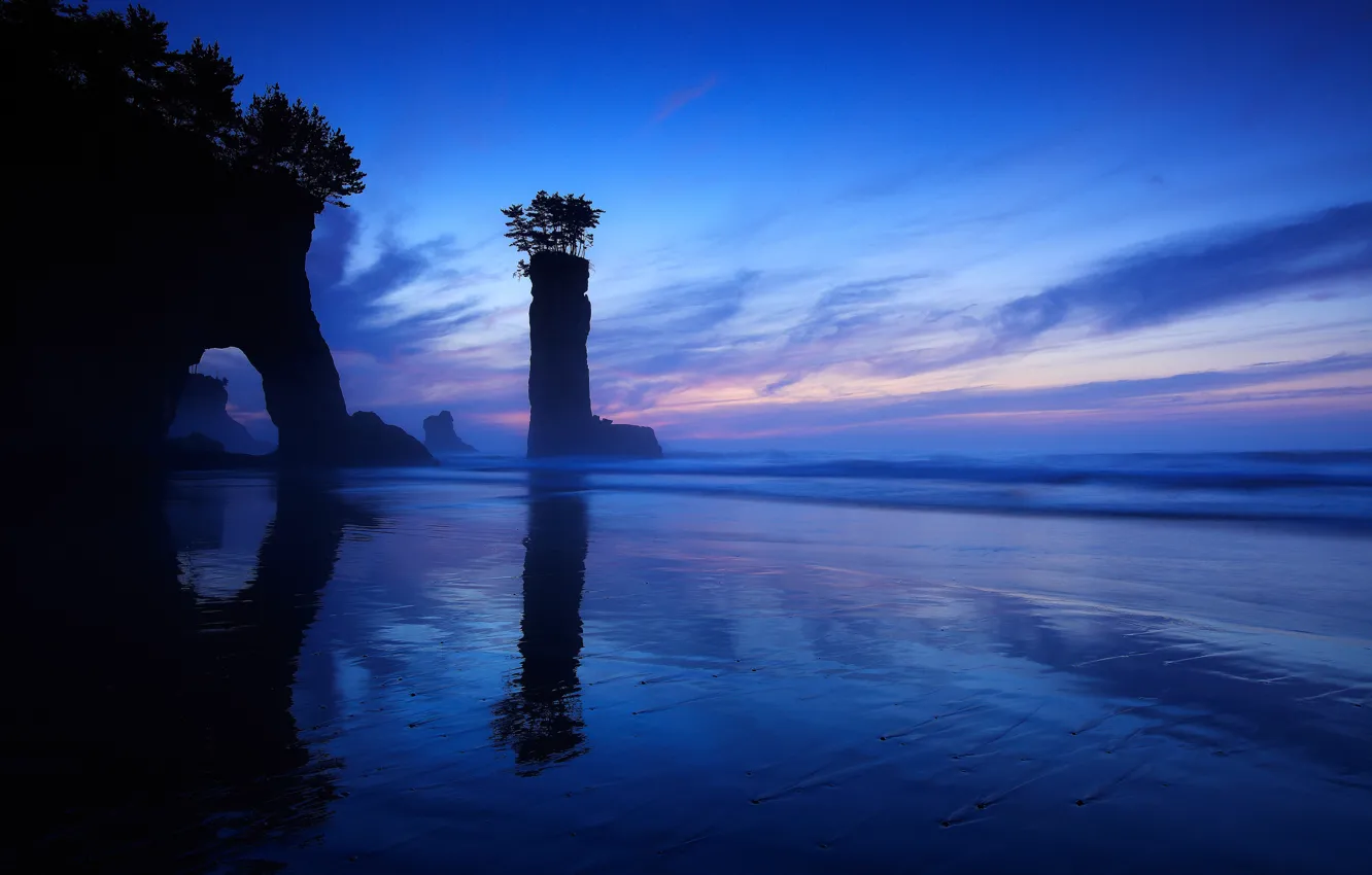 Photo wallpaper sea, the sky, clouds, rocks, posts, the evening, arch