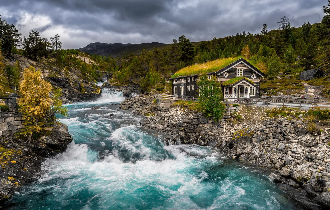 Photo wallpaper roof, autumn, forest, the sky, grass, water, clouds, mountains
