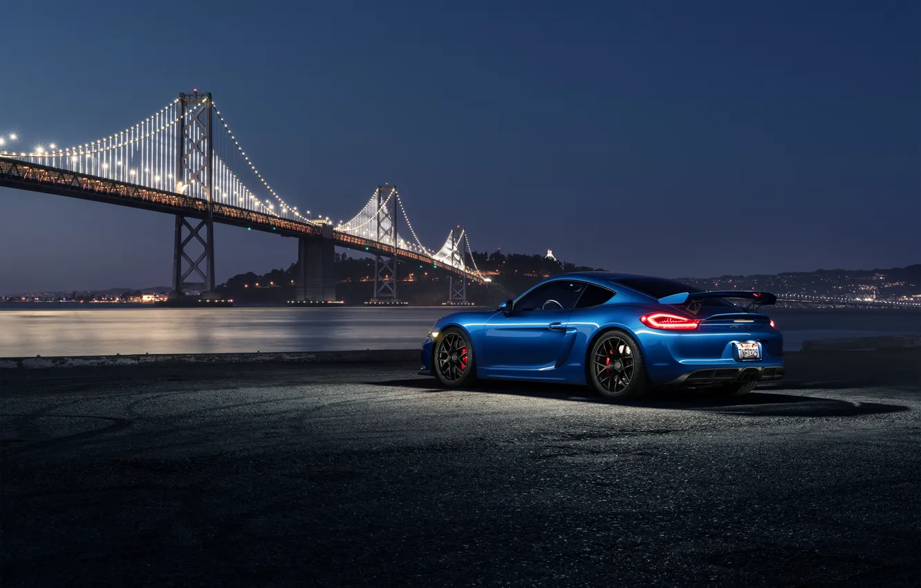 Photo wallpaper Porsche, Dark, Cayman, Car, Blue, Bridge, Night, Sport