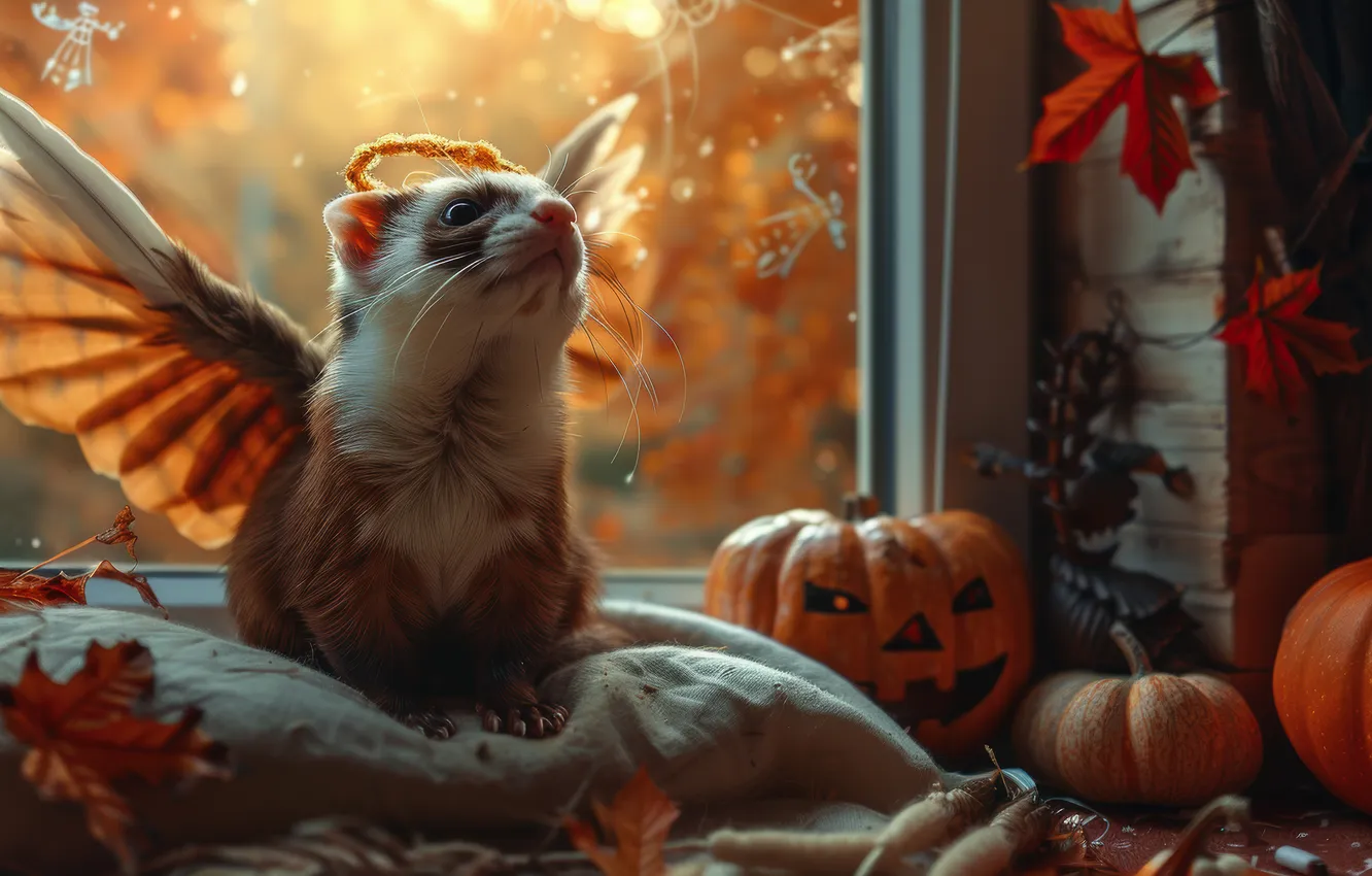 Photo wallpaper Halloween, neural network, look, holiday, AI art, ferret, autumn, the scenery