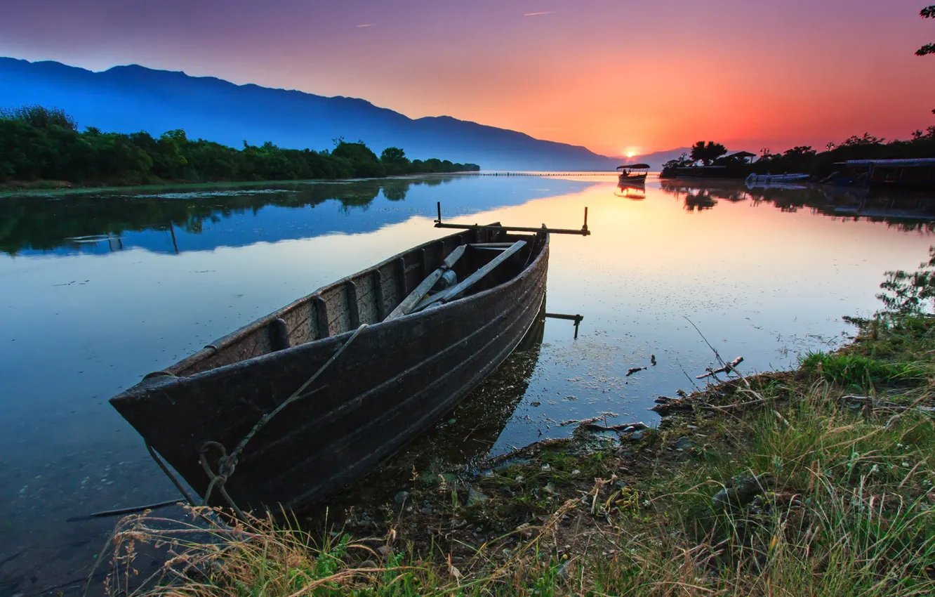 Photo wallpaper nature, pond, boat