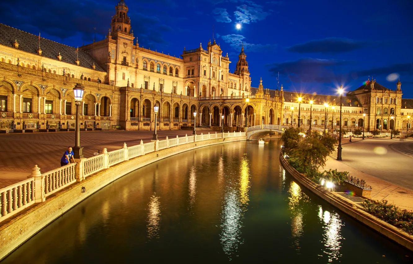 Photo wallpaper night, lights, Spain, Palace, Seville, Espana