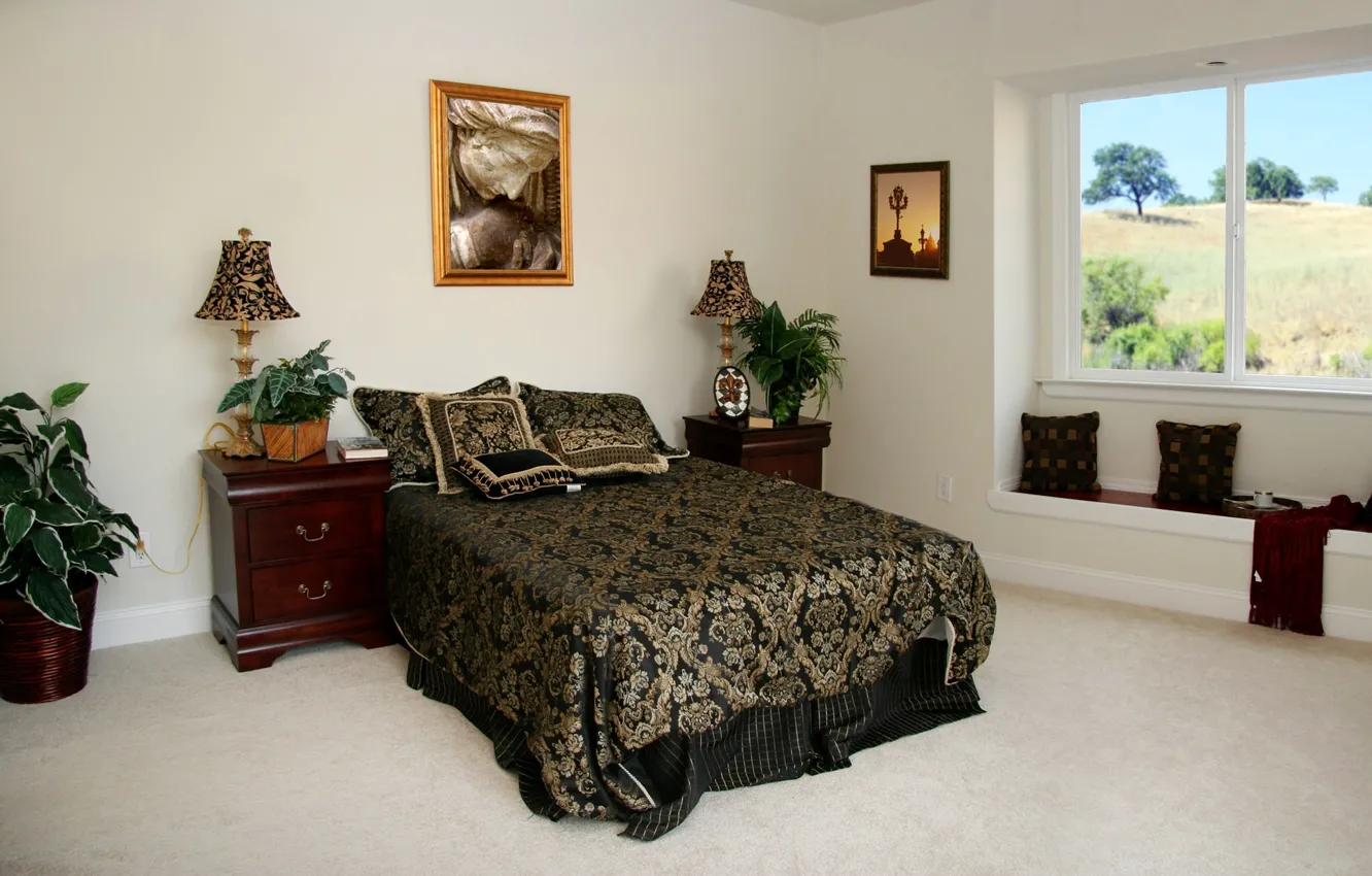 Photo wallpaper flowers, lamp, bed, picture, pillow, window, table, bedroom