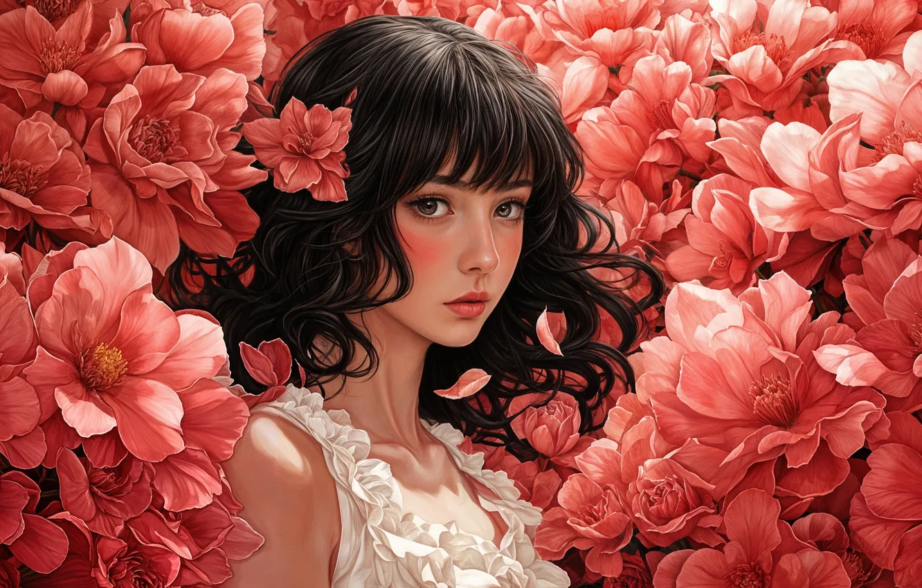 Photo wallpaper brunette, beauty, girl, white dress, pink flowers, digital art, flower in hair, digital art