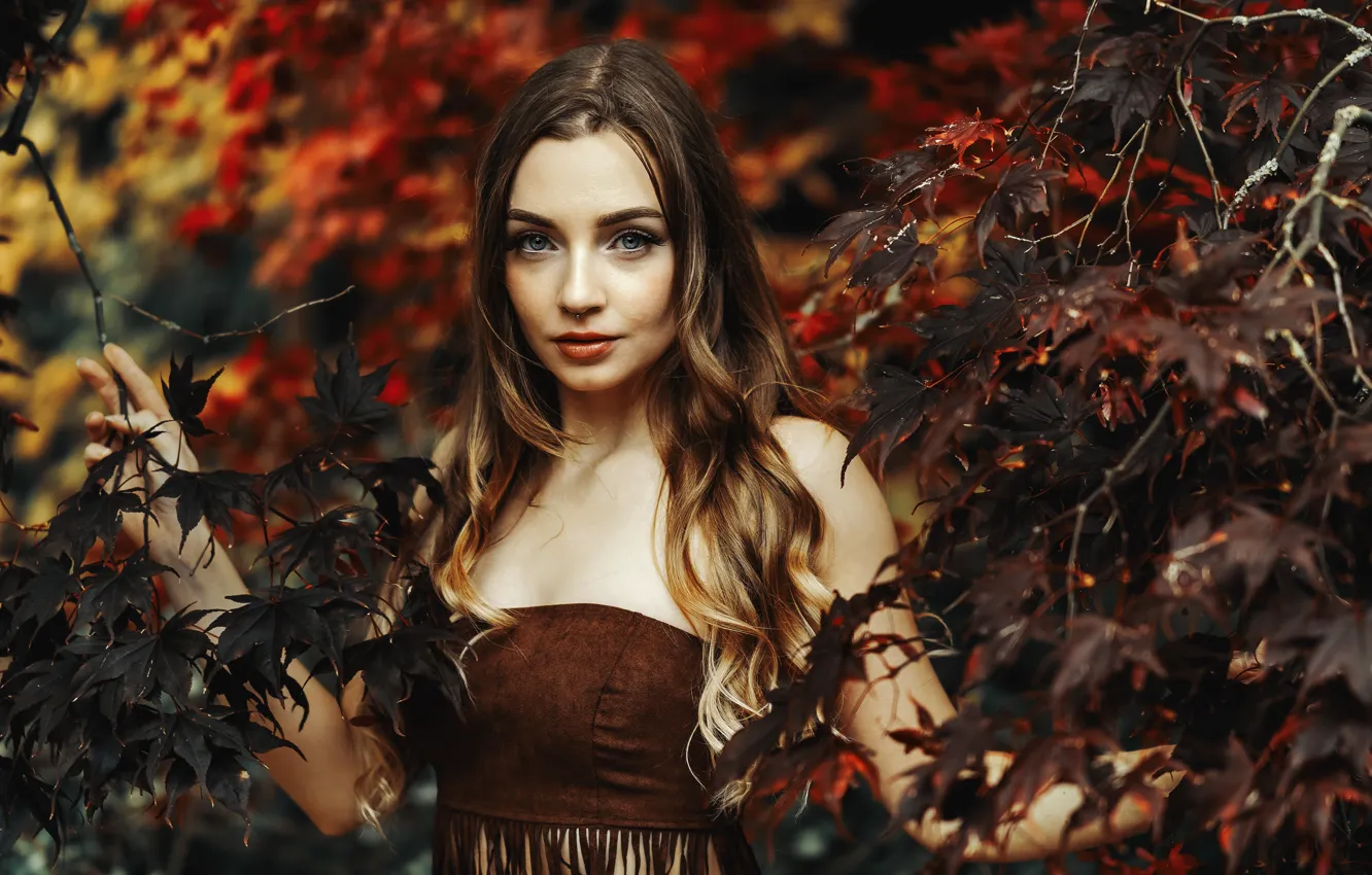 Wallpaper Look Leaves Branches Model Portrait Makeup Hairstyle