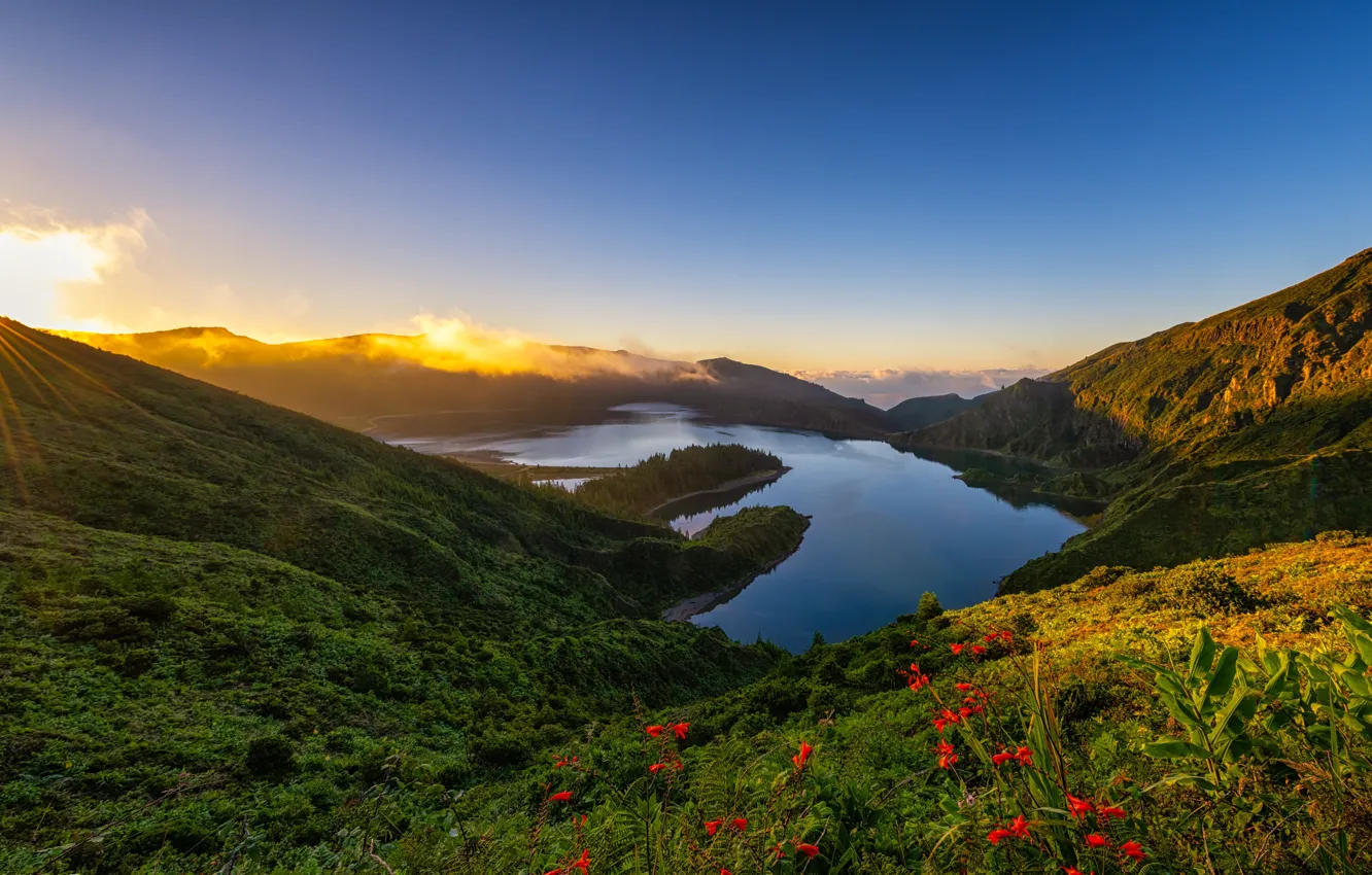 Photo wallpaper landscape, sunset, mountains, nature, lake, forest, Azores, Lake of Fire