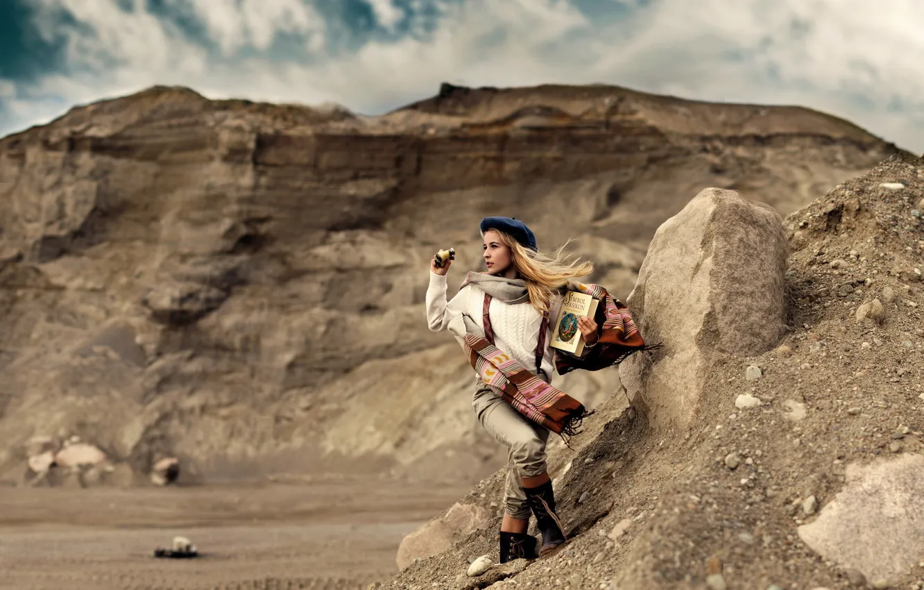 Photo wallpaper girl, mountains, binoculars, book