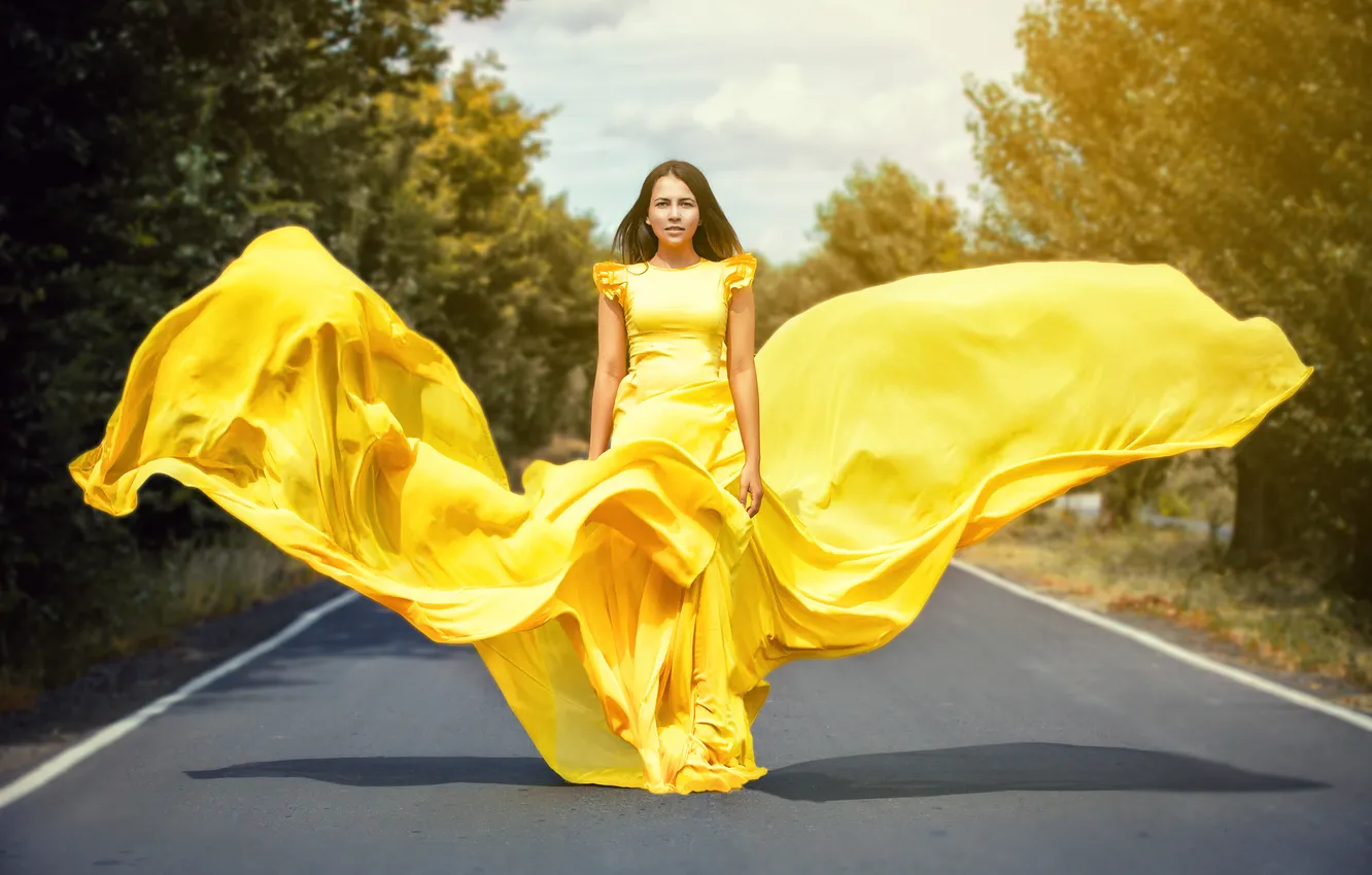 Photo wallpaper road, Girl, dress, yellow