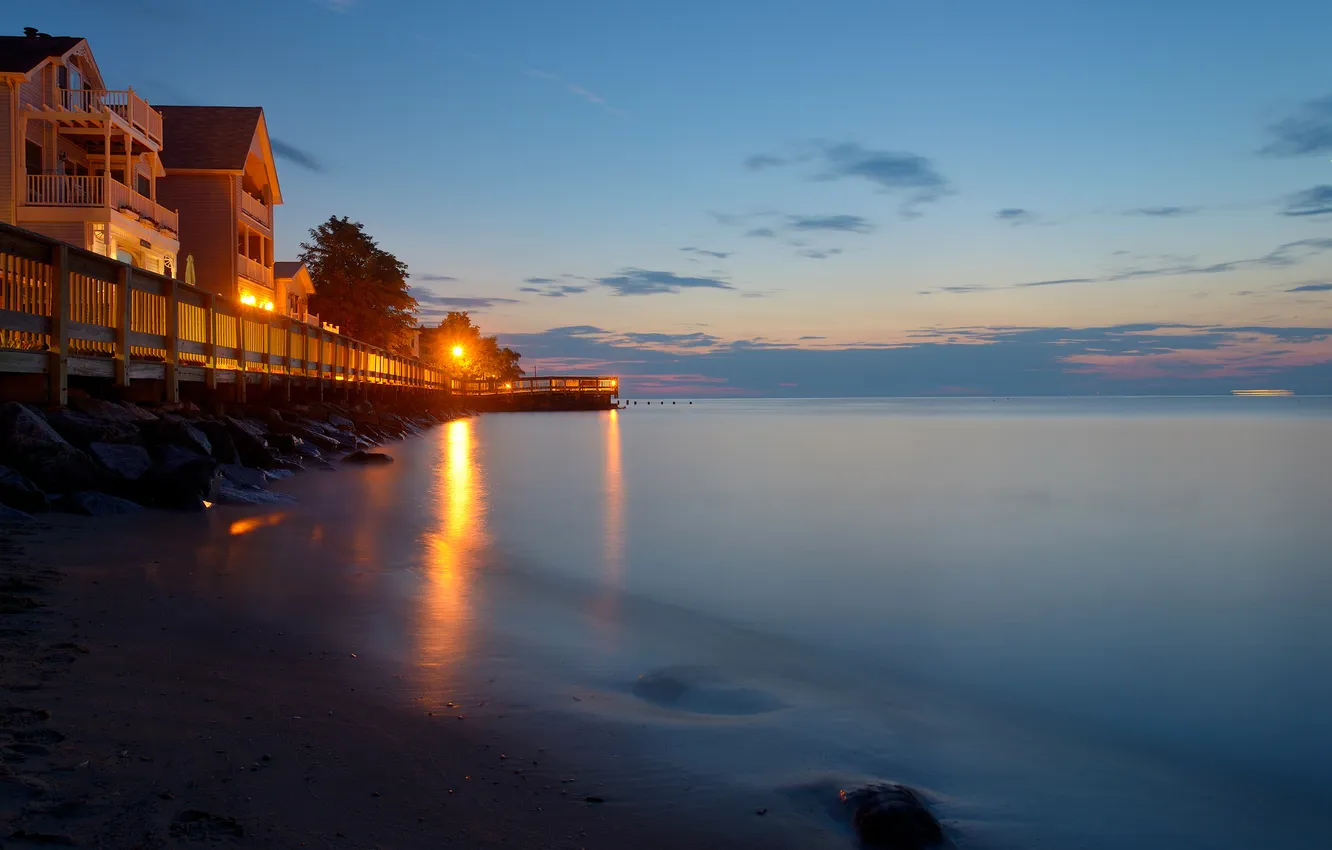 Photo wallpaper beach, dawn, morning, lights, house, USA, USA, Maryland