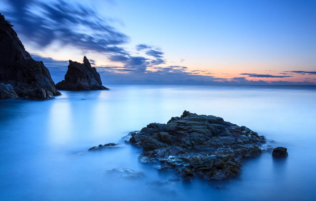Photo wallpaper sea, the sky, clouds, stones, rocks, the evening