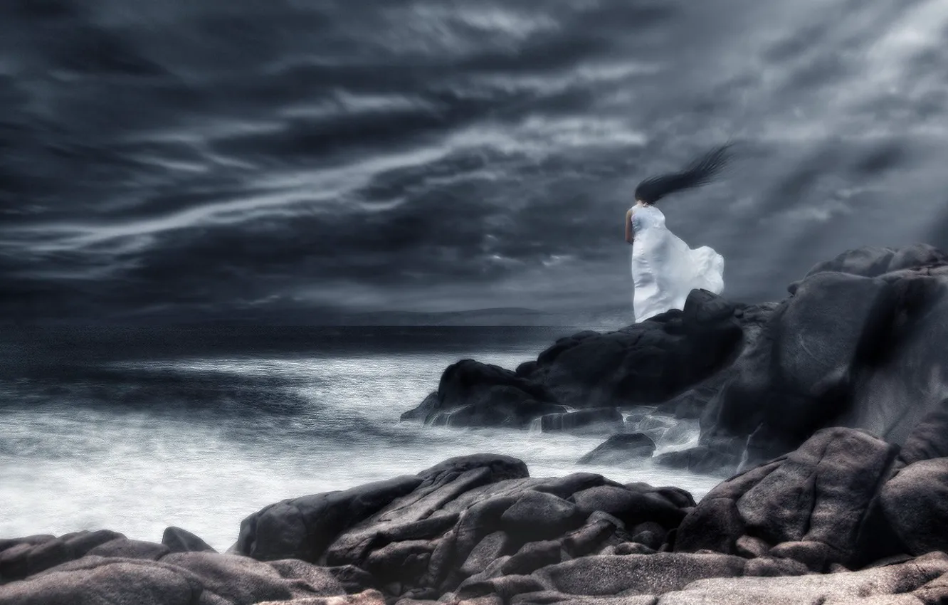 Photo wallpaper sadness, girl, storm